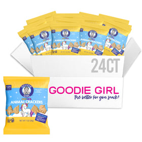 Goodie Girl unicorn-shaped animal crackers in a gluten-free snack pack.