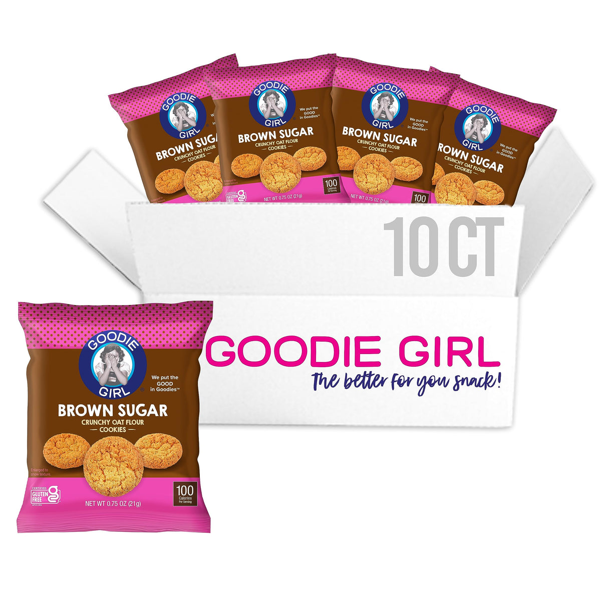 Goodie Girl mini brown sugar cookie pack, closed packaging, gluten-free on-the-go snack.