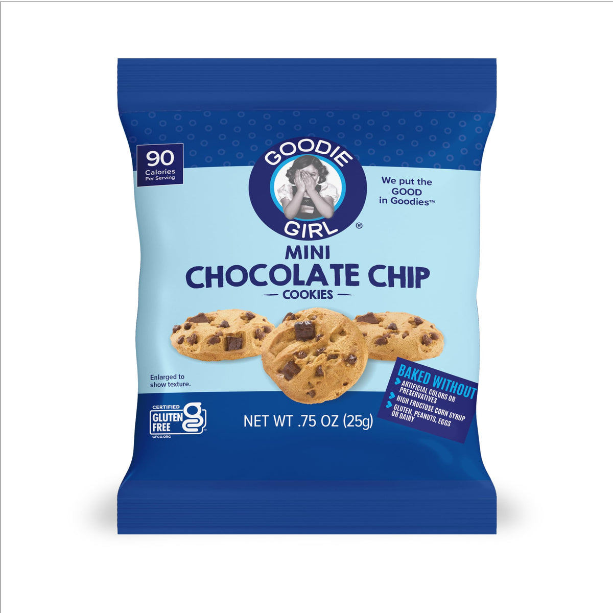 Open pack reveals evenly baked cookies in a 0.75 oz portion