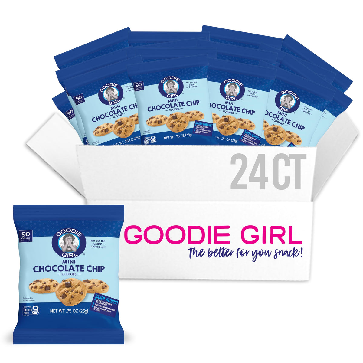 Goodie Girl mini chocolate chip cookie snack pack front shows 24 packs