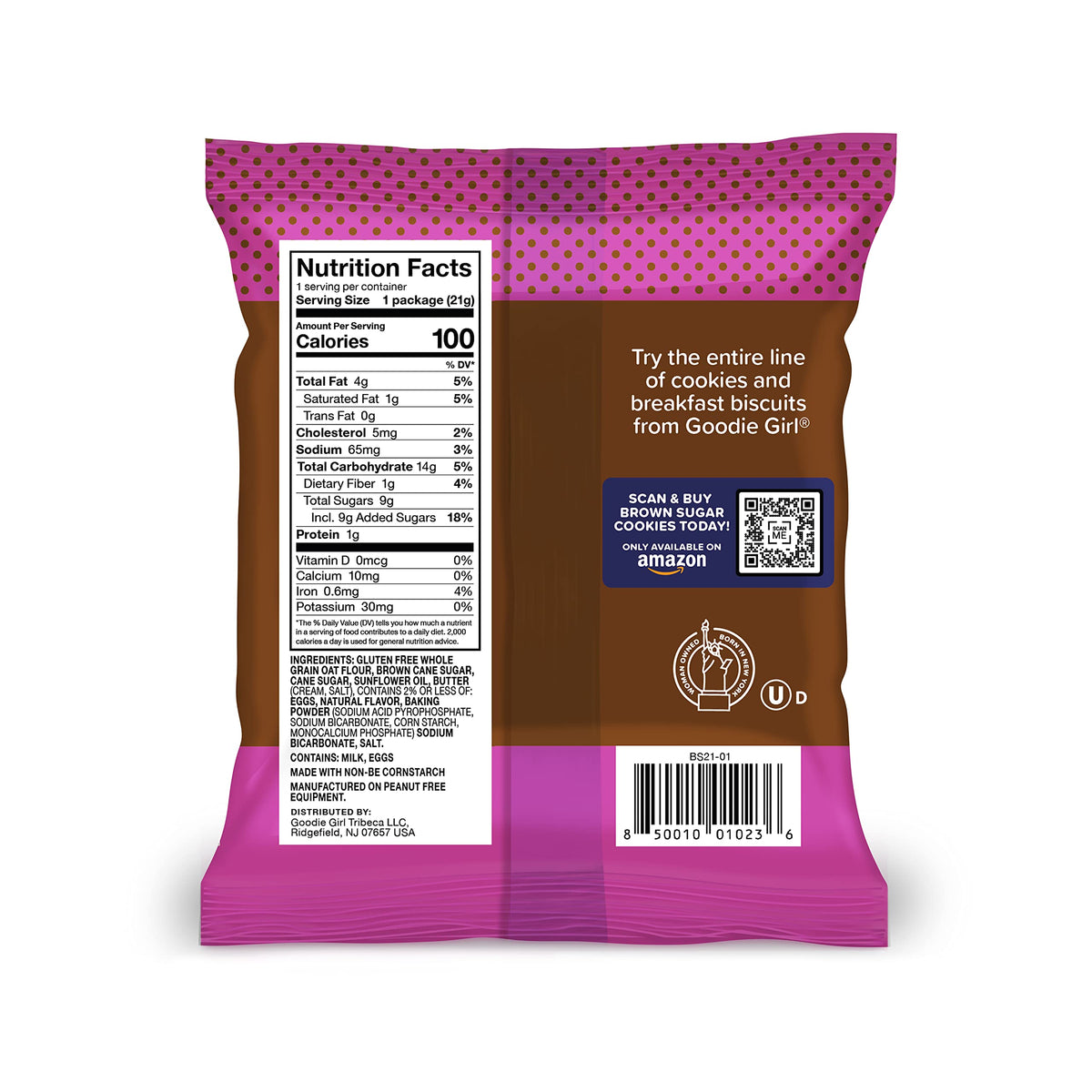 Goodie Girl woman-owned badge close-up, trusted gluten-free cookie brand.