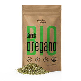 Goodies from a Greek oregano bottle label pure oregano for pizza.