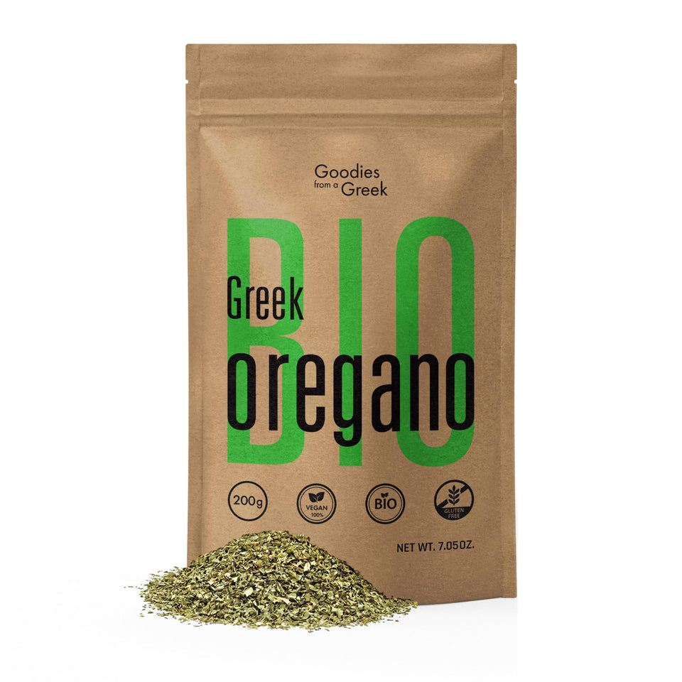 Goodies from a Greek oregano bottle label pure oregano for pizza.