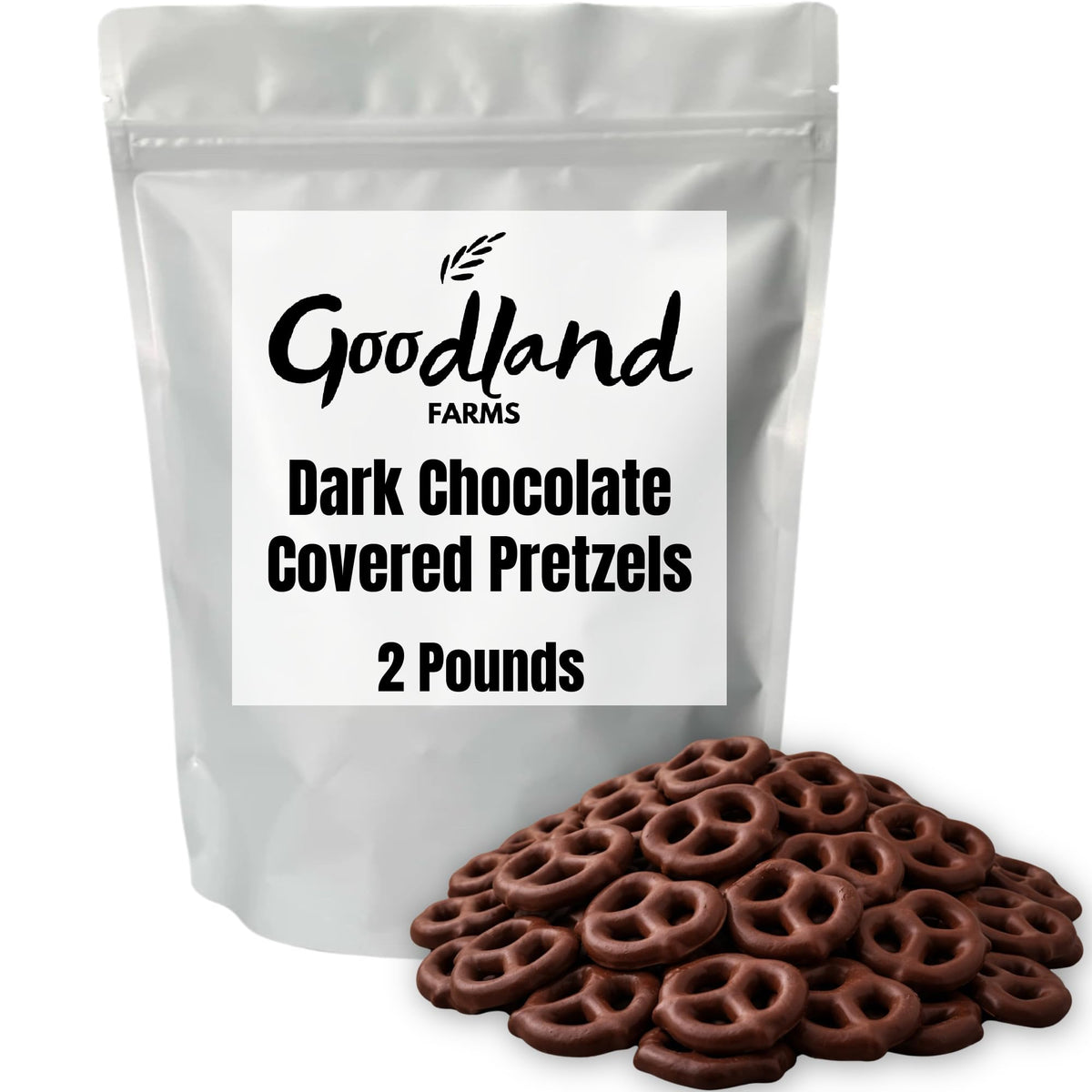 Goodland Farms dark chocolate pretzels in a resealable 2 lb pouch for sharing.