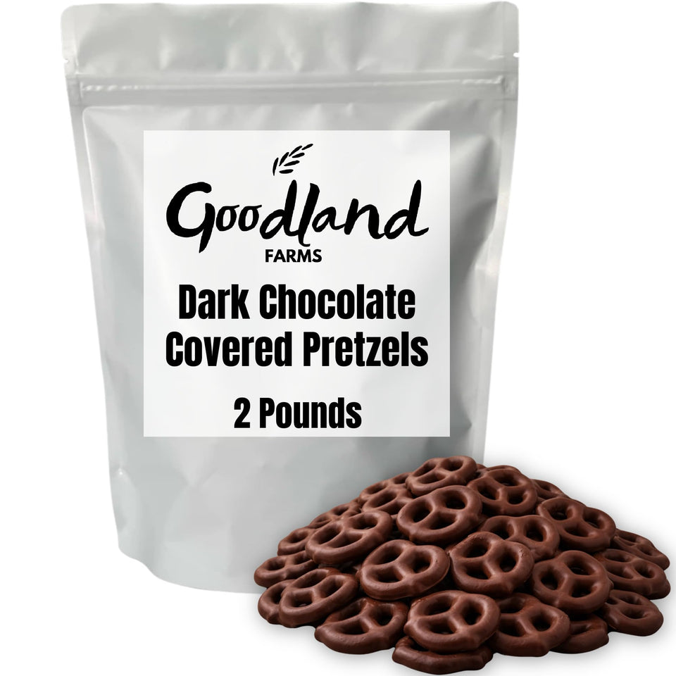 Goodland Farms dark chocolate pretzels in a resealable 2 lb pouch for sharing.