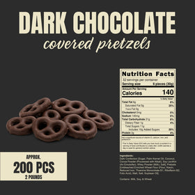 Close-up of glossy dark chocolate coating on crisp pretzels by Goodland Farms.