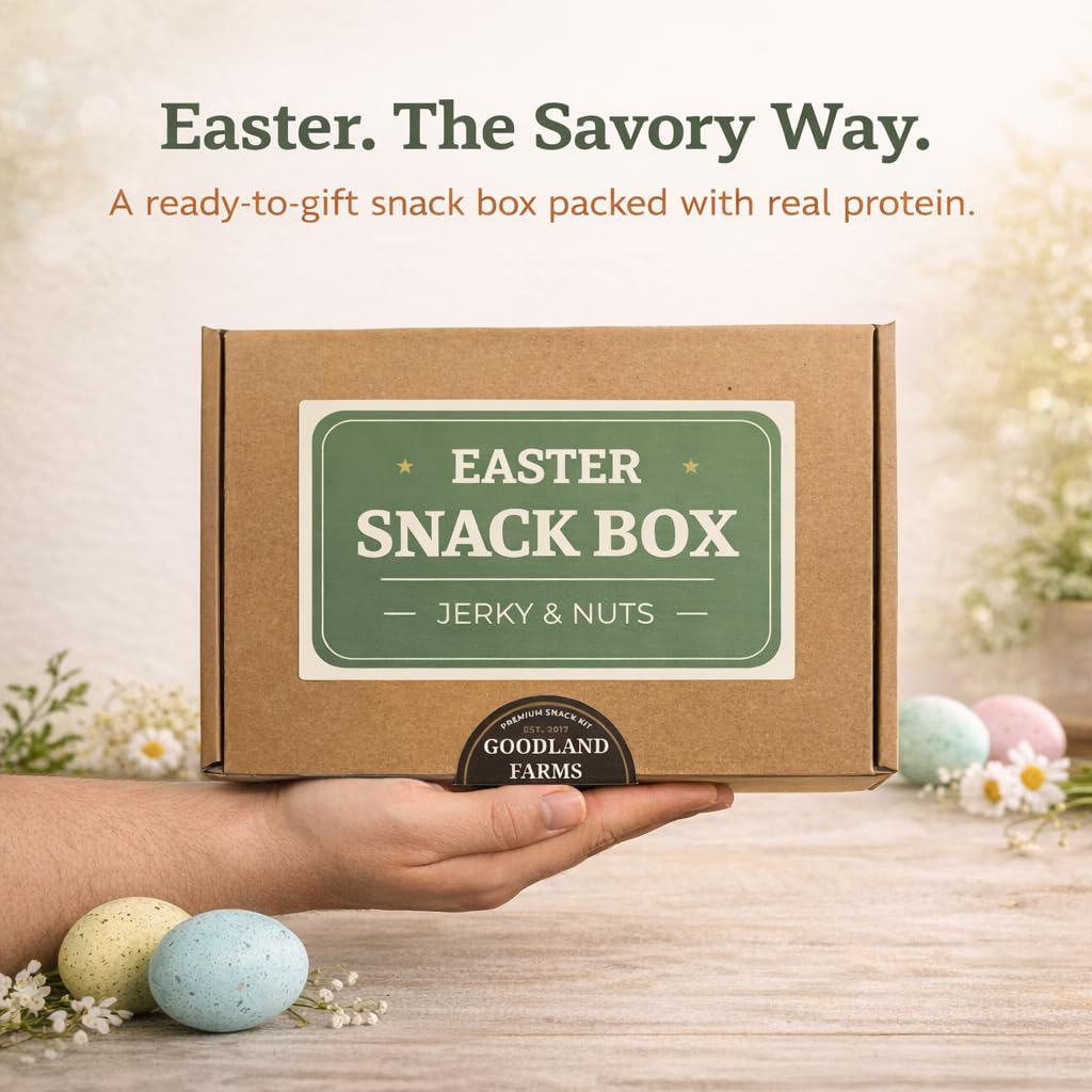 Goodland Farms Easter basket contents emphasize variety of jerky, sticks, nuts