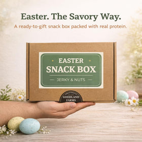 Goodland Farms Easter basket contents emphasize variety of jerky, sticks, nuts