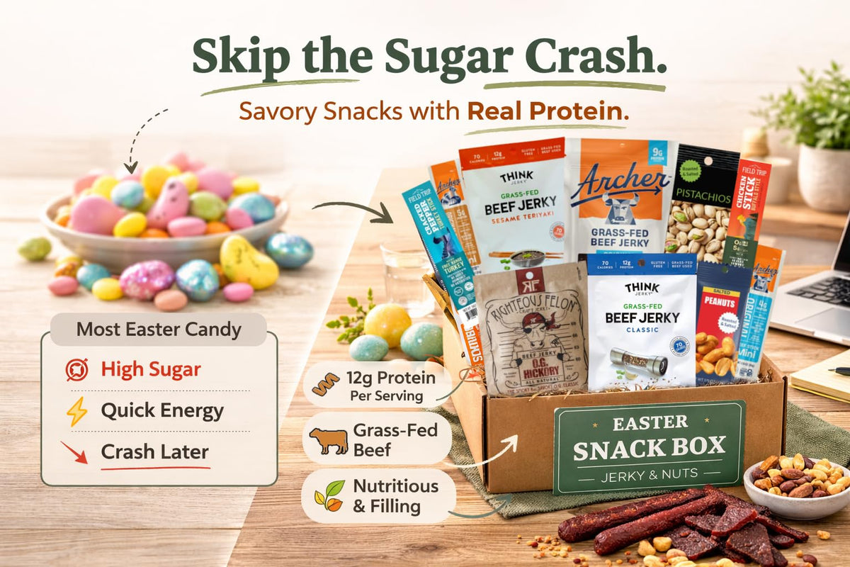 Goodland Farms Jerky Easter Snacks display for protein-forward college care packages