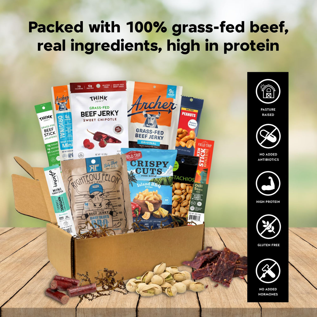 Goodland Farms Macho Man jerky selection closeup—premium grass-fed beef for clean, long-lasting energy.