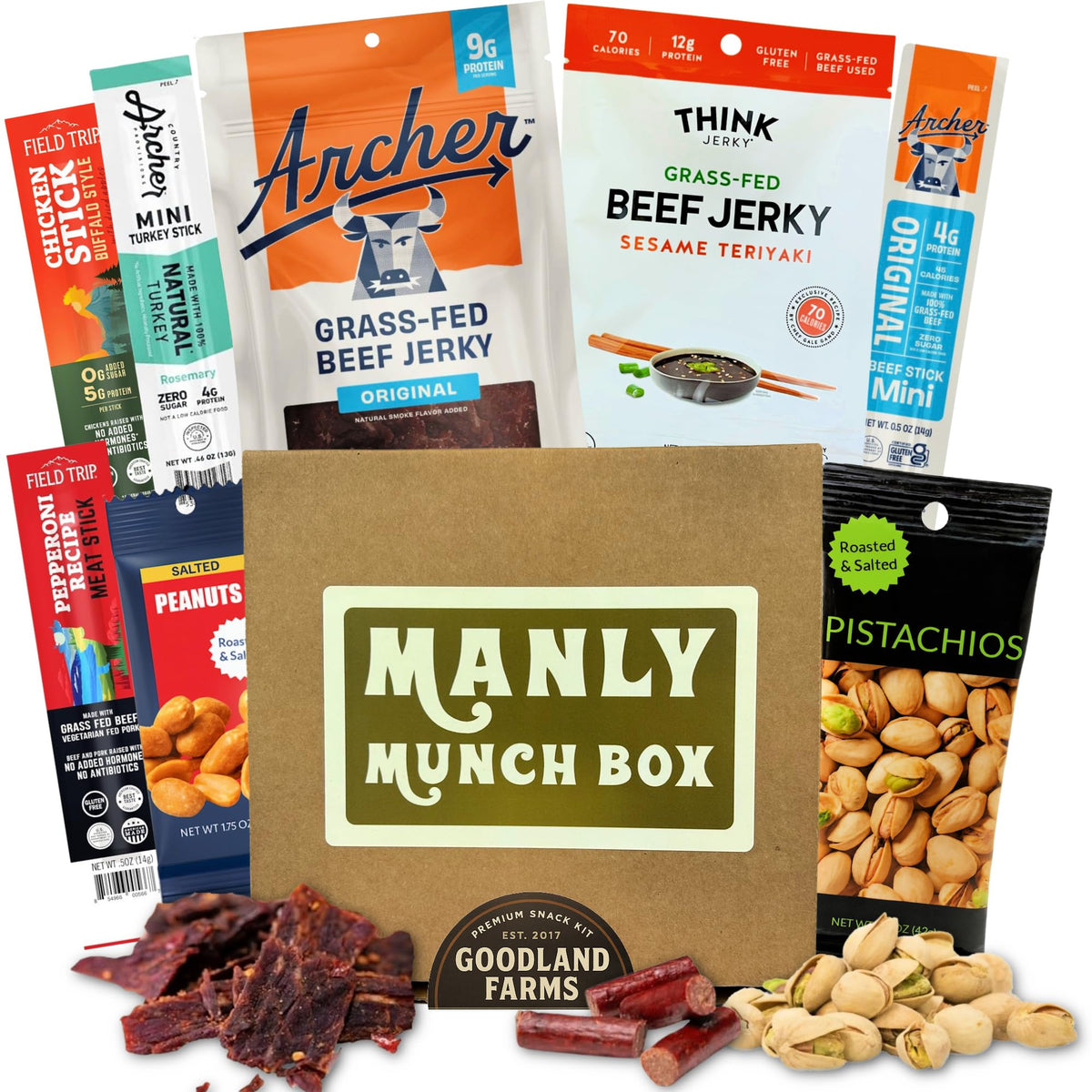 Goodland Farms Manly Munch Box jerky gift box, bold flavors for on-the-go snacking.