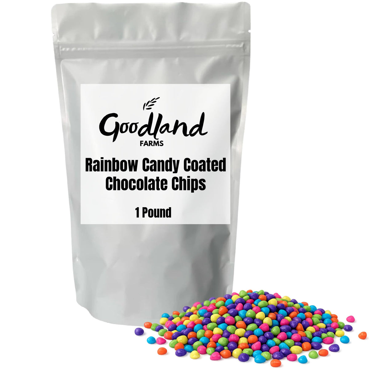 Goodland Farms rainbow candy coated chips on brownies for color and crunch.