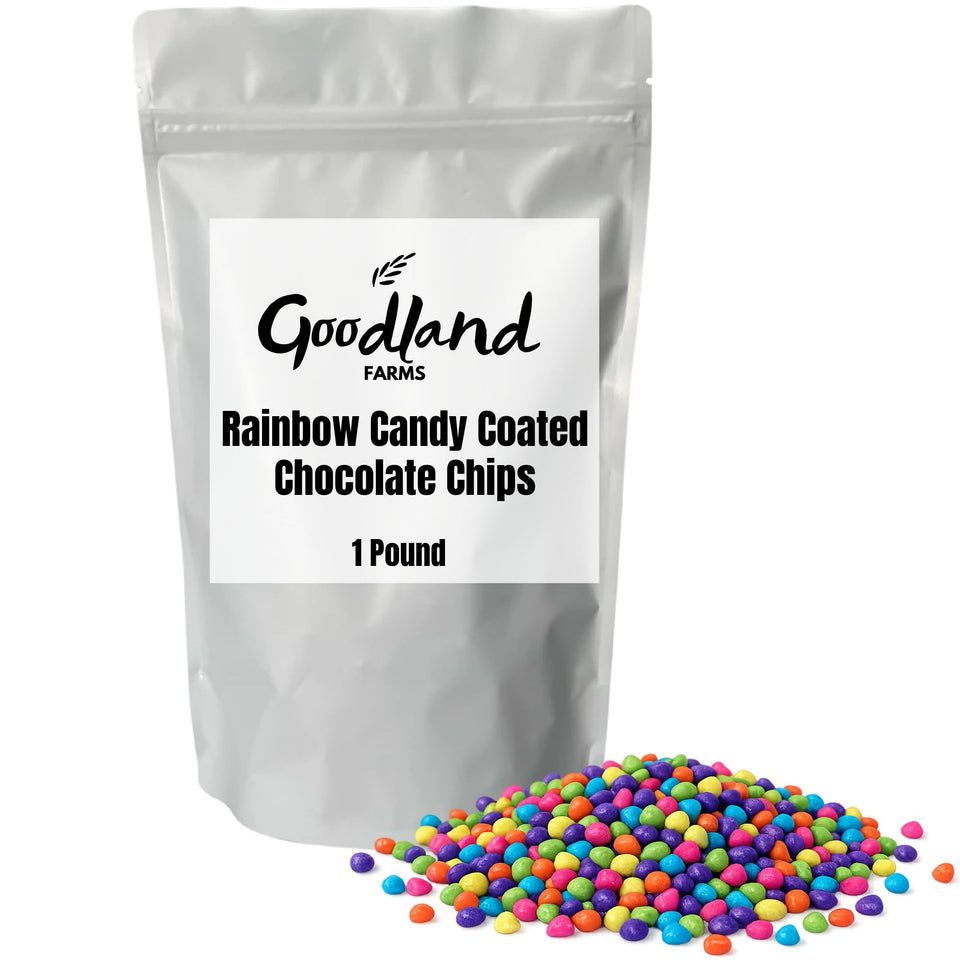 Goodland Farms rainbow candy coated chips on brownies for color and crunch.