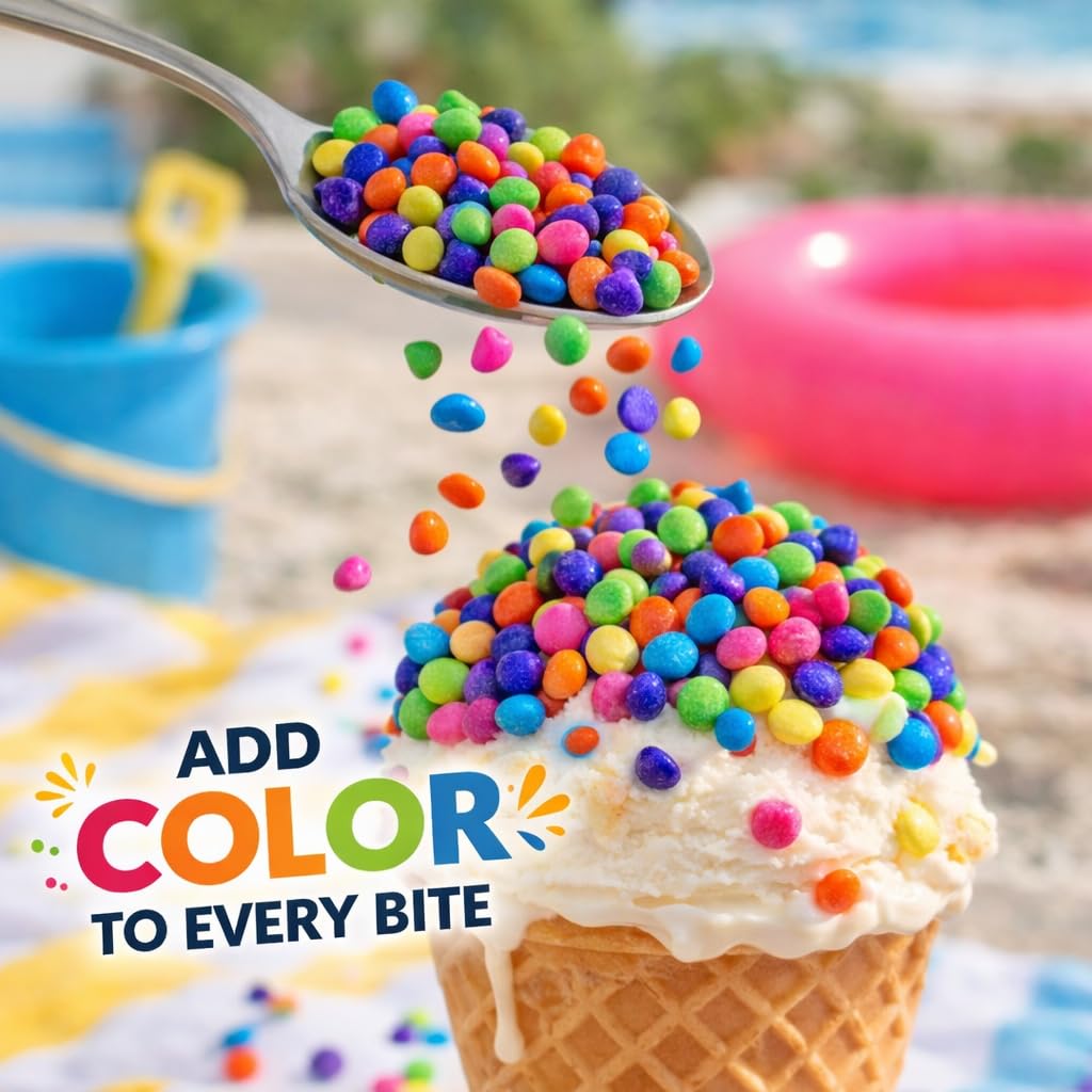 Goodland Farms rainbow candy coated chips decorating cupcakes for festive appeal.
