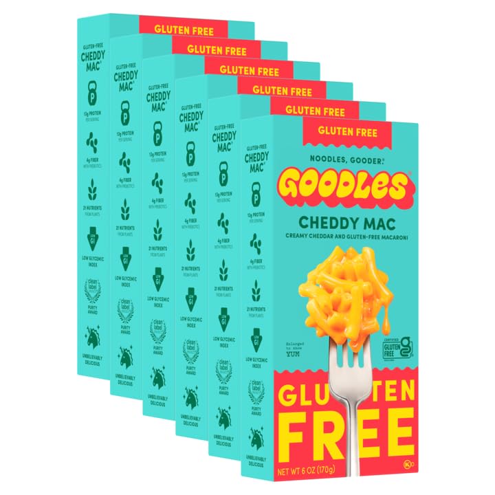Goodles Cheddy Mac six-pack packaging showing gluten-free pasta convenience