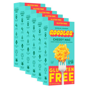 Goodles Cheddy Mac six-pack packaging showing gluten-free pasta convenience