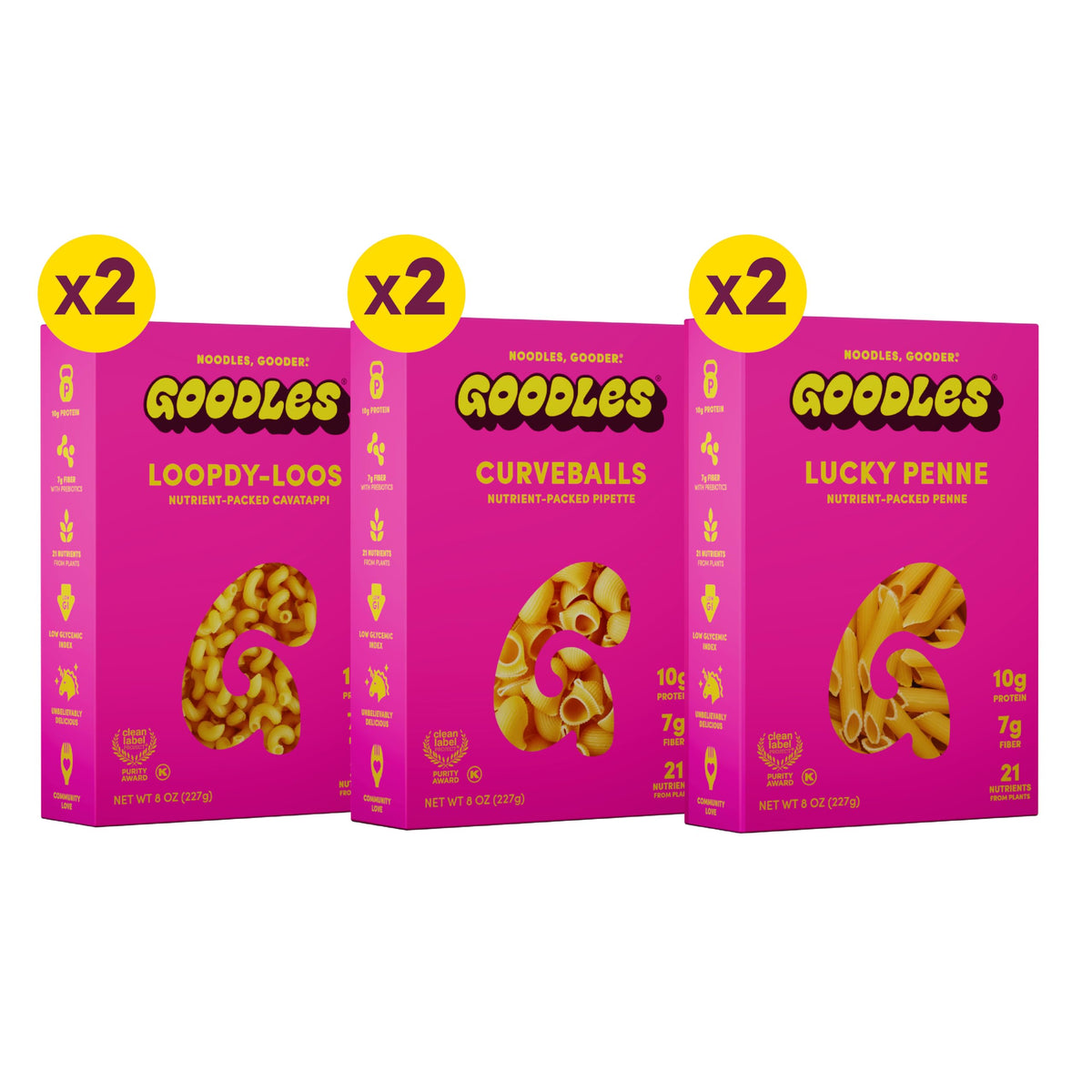 Goodles Lucky Penne pasta packaging on display, emphasizing simple ingredients.