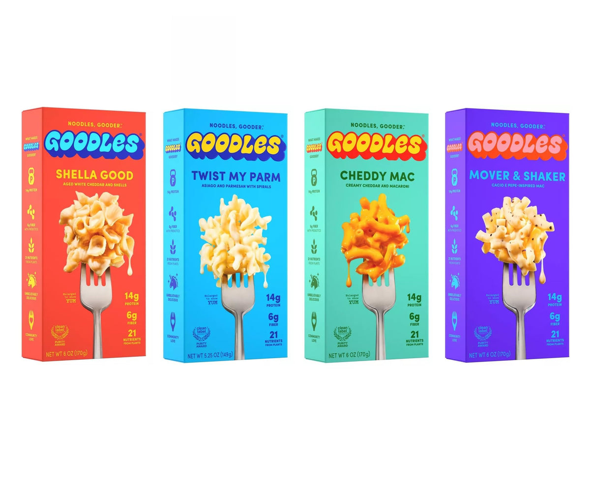 Goodles Mac & Cheese Assortment 4 Pack featuring four flavors and a 14g protein boost