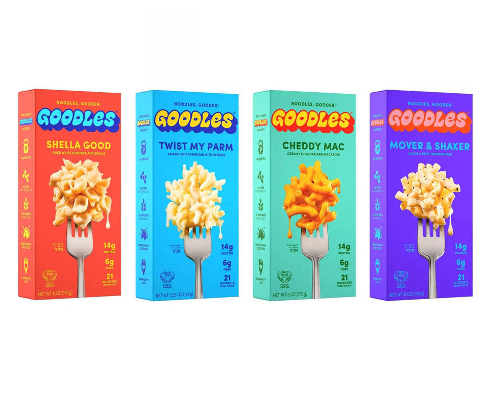 Goodles Mac & Cheese Assortment 4 Pack featuring four flavors and a 14g protein boost