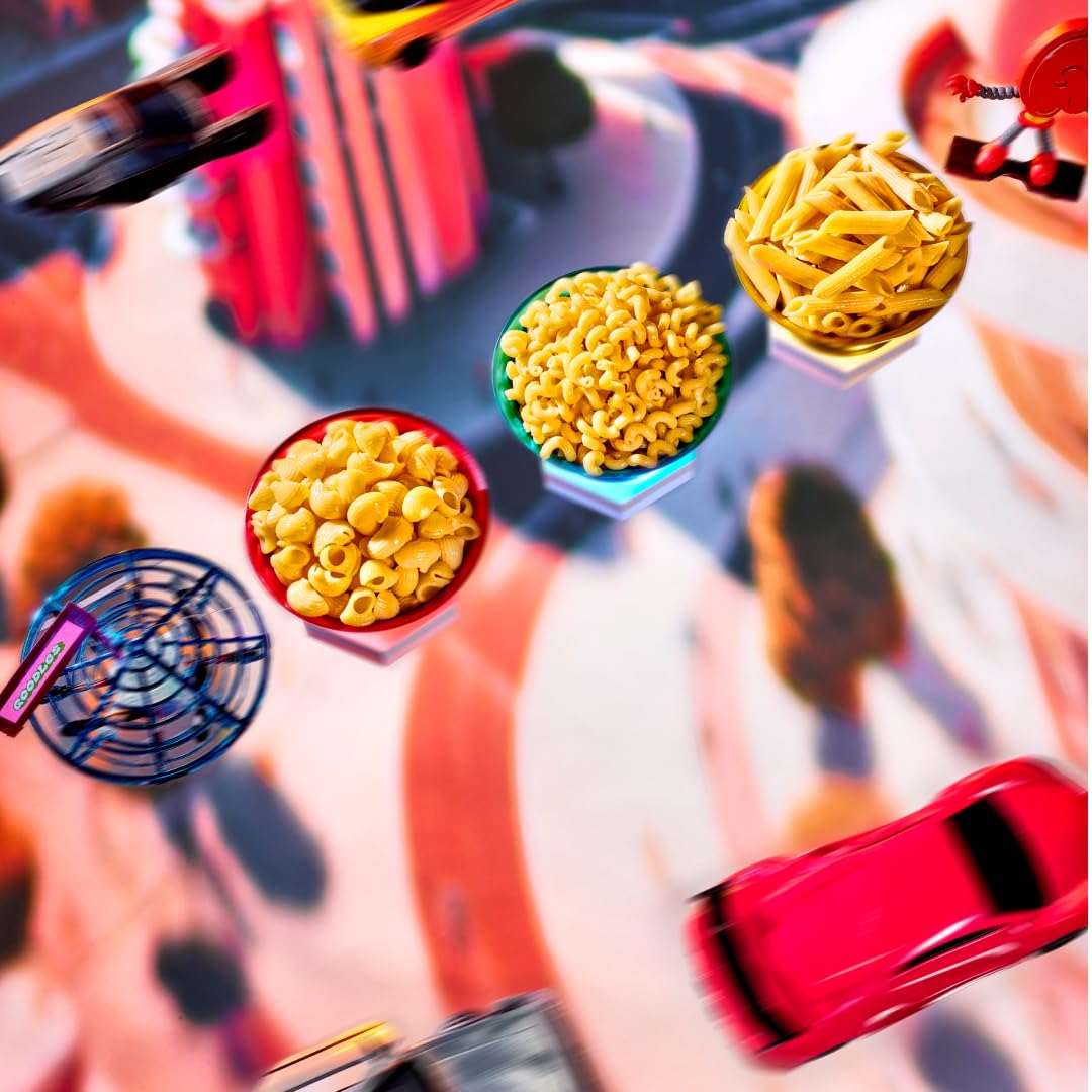 Goodles pasta cooking steam rising, highlighting 10g protein per serving.