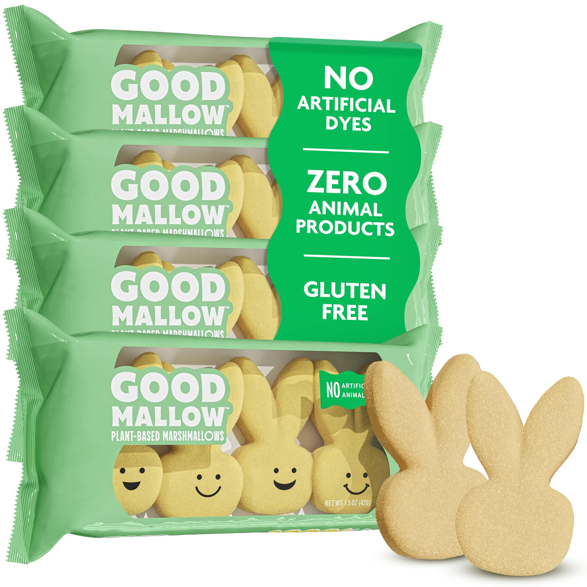 GoodMallow Easter bunny marshmallows in yellow pack, plant-based texture, great for Easter baskets