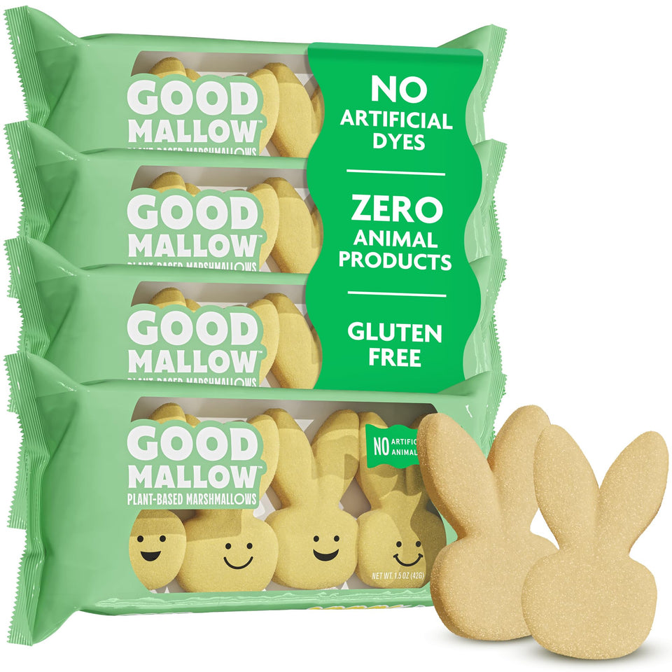 GoodMallow Easter bunny marshmallows in yellow pack, plant-based texture, great for Easter baskets
