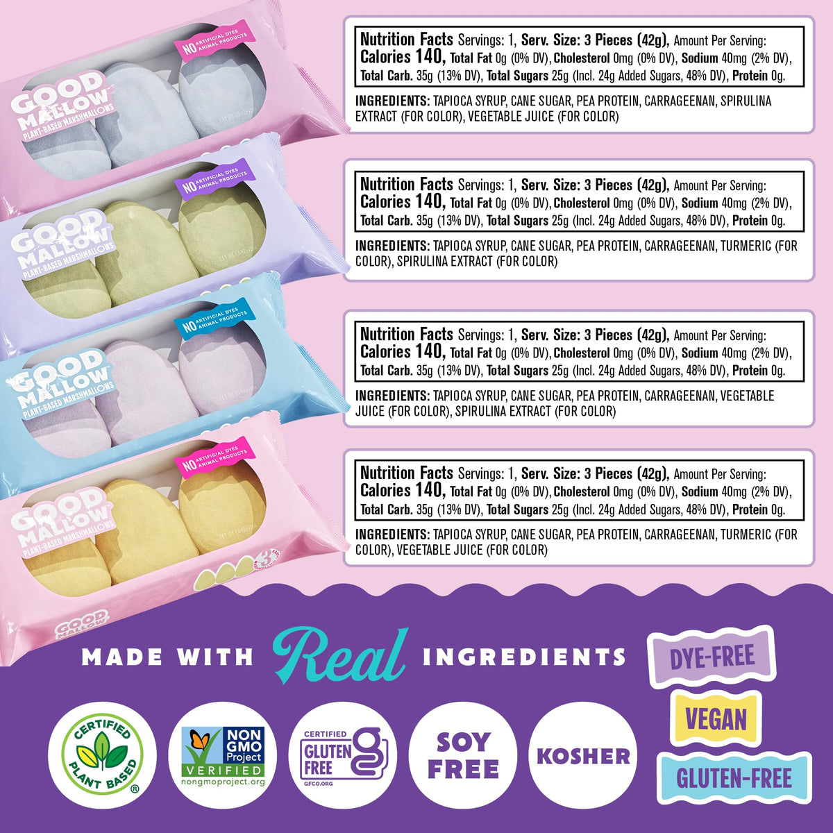 Individually wrapped 3-packs of GoodMallow Easter eggs for easy sharing and freshness.