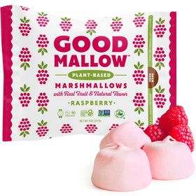 GoodMallow Raspberry marshmallows pack, vegan and gluten-free treats.
