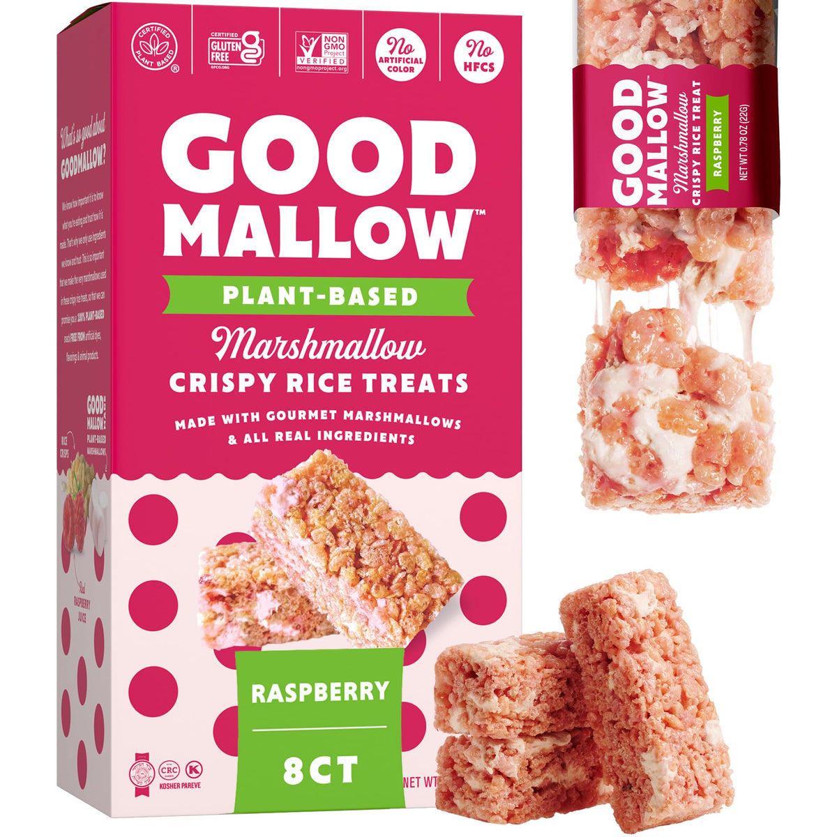 GoodMallow Raspberry vegan rice crispy treats showcase raspberry flavor for on-the-go snacking.