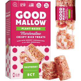 GoodMallow Raspberry vegan rice crispy treats showcase raspberry flavor for on-the-go snacking.