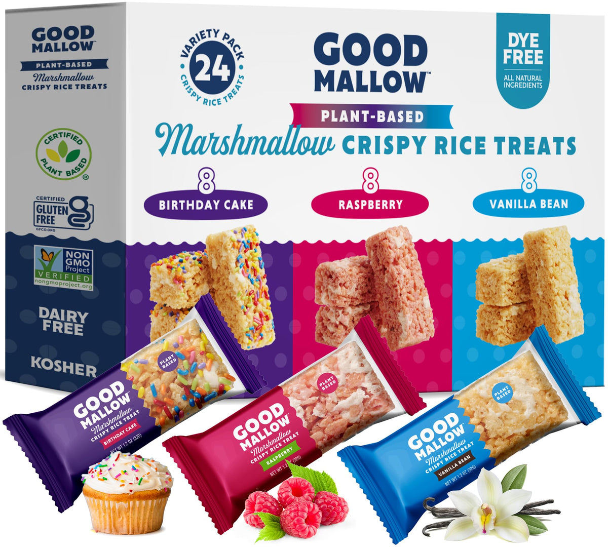 GoodMallow Vanilla Bean treat box shows plant-based marshmallows for lunchbox snacking.