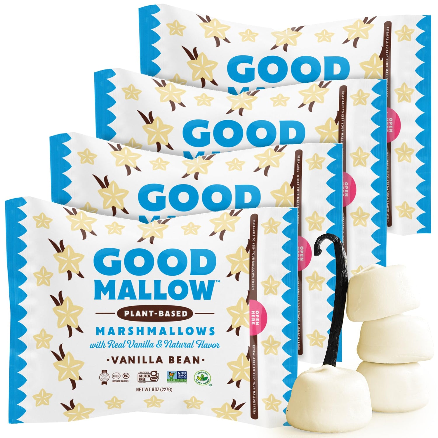 GoodMallow vanilla marshmallows pack 4x8oz, ideal for versatile snacks.