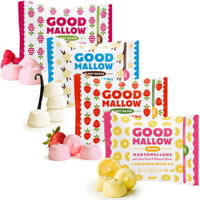 GoodMallow vanilla marshmallows pack shot—vegan, dairy-free fluff for hot chocolate