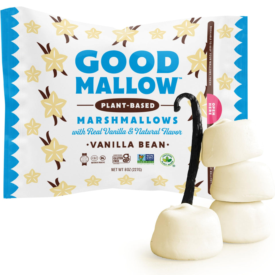 GoodMallow vanilla marshmallows packaging shows convenient dairy-free snack.