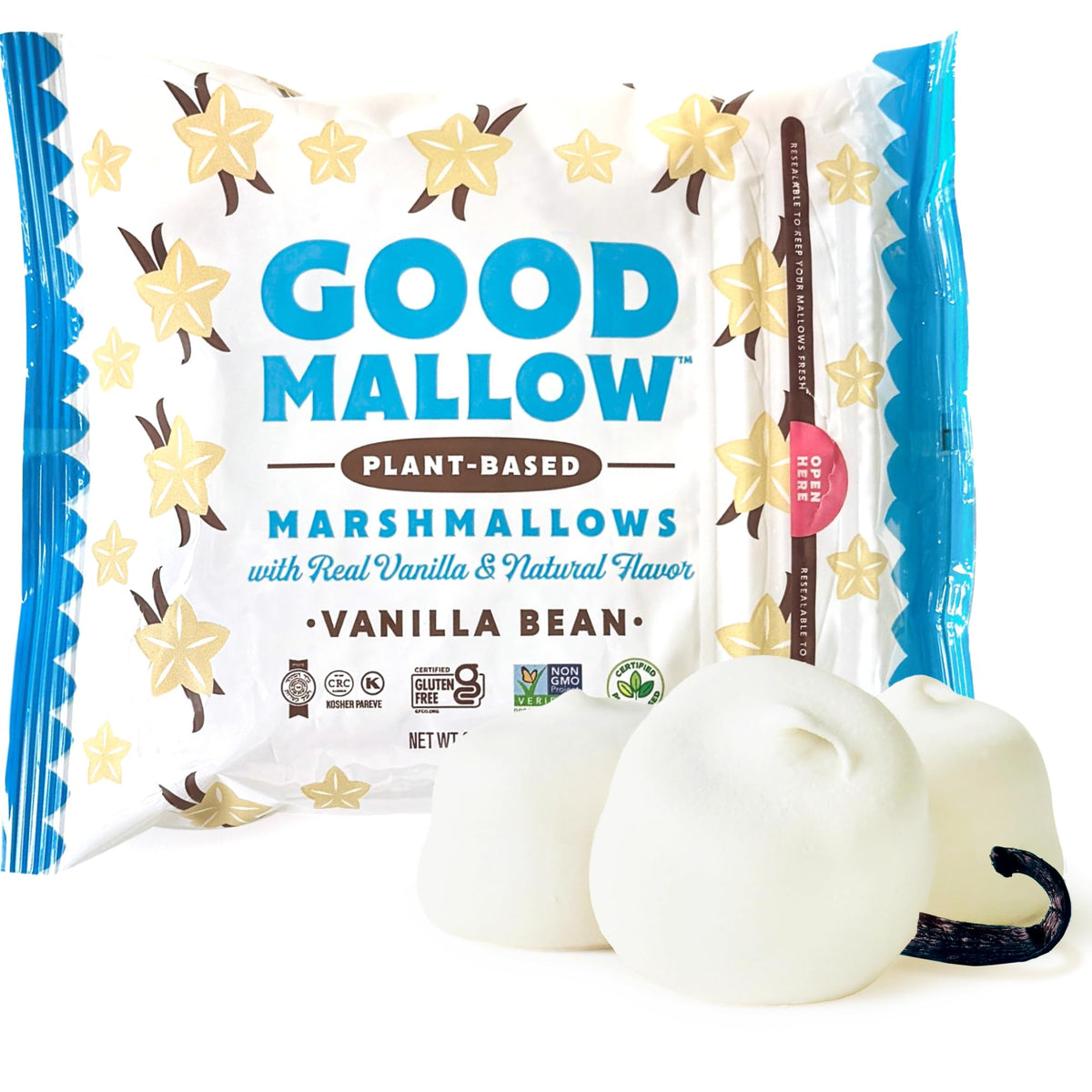 GoodMallow vanilla vegan marshmallows in a bag, perfect for hot chocolate topping