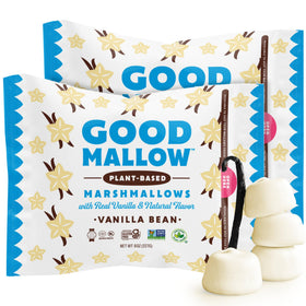 GoodMallow vanilla vegan marshmallows front pack shot, ideal for snacking.