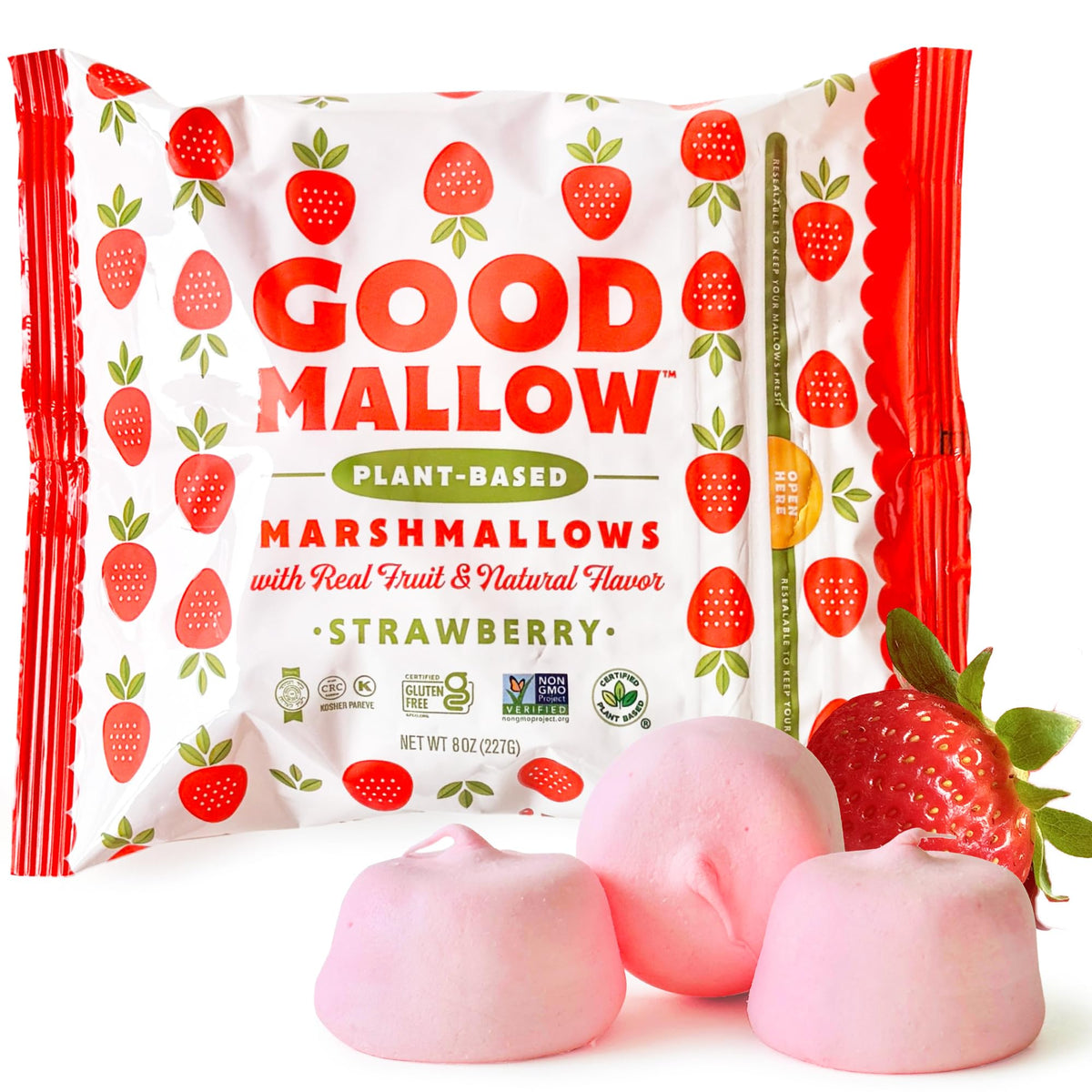 GoodMallow pink strawberry marshmallows pack for vegan, dairy-free snacking.