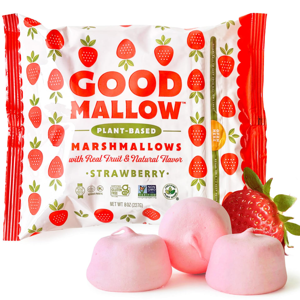 GoodMallow pink strawberry marshmallows pack for vegan, dairy-free snacking.