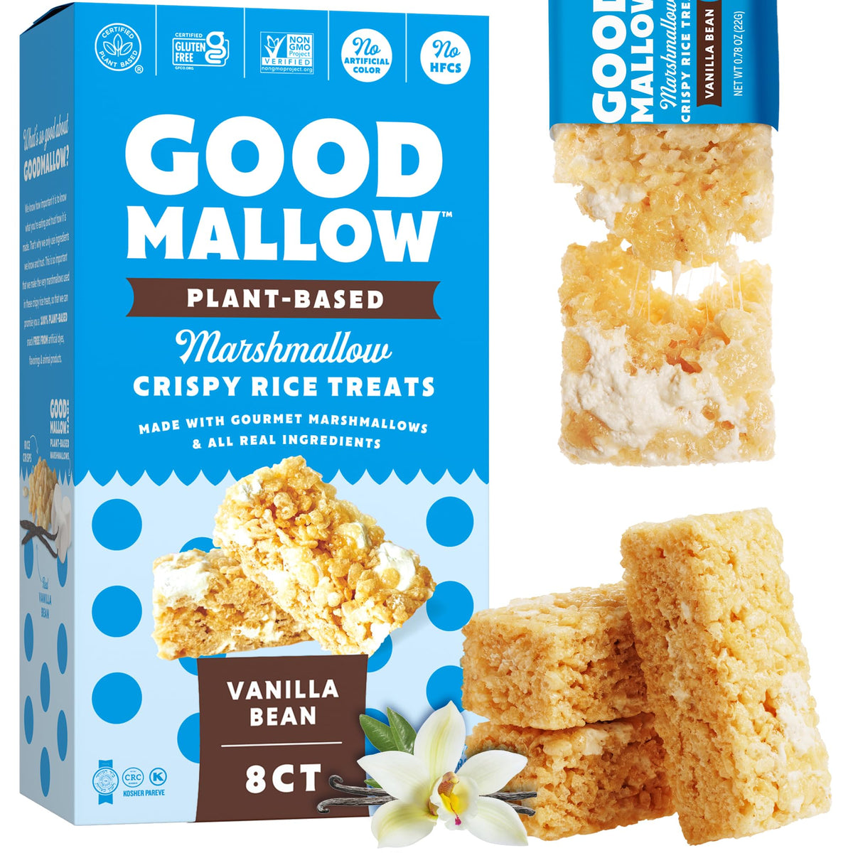 GoodMallow vegan rice crispy treats box front showing eight individual wrappers for on-the-go snacking
