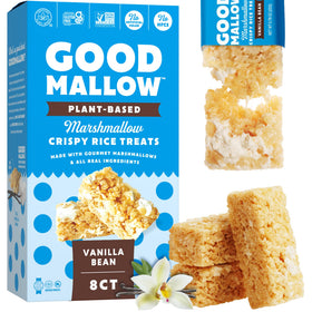 GoodMallow vegan rice crispy treats box front showing eight individual wrappers for on-the-go snacking