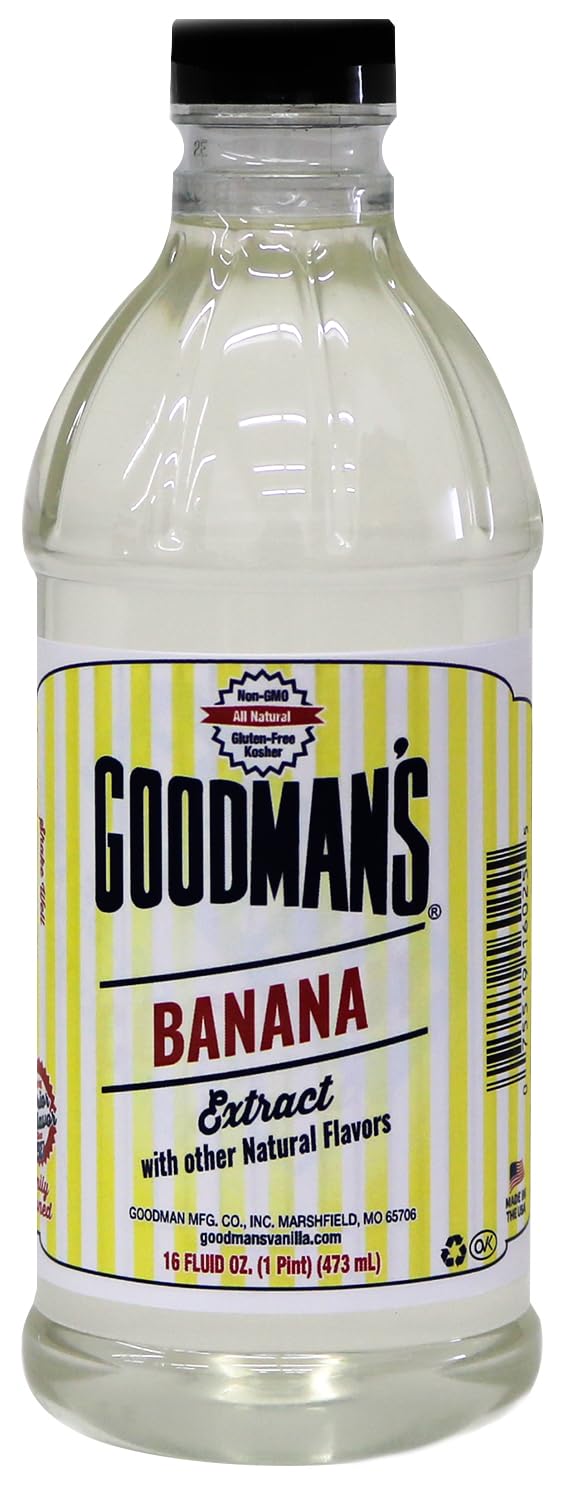 Goodman's Banana Extract bottle on kitchen counter boosts banana flavor in baking.