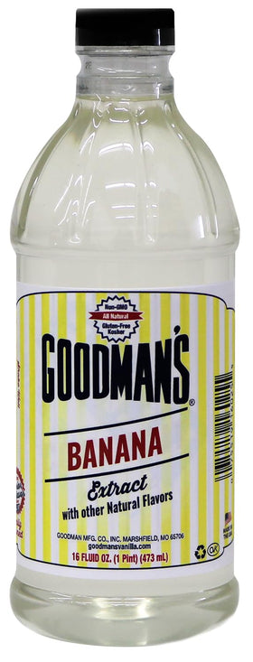 Goodman's Banana Extract bottle on kitchen counter boosts banana flavor in baking.
