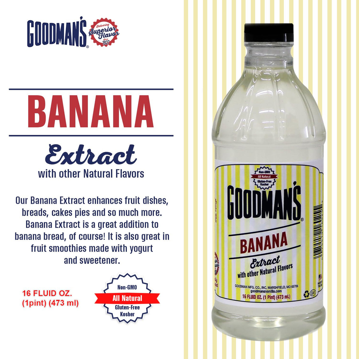Close-up of Goodman's label reveals gluten-free and non-GMO quality for clean ingredients.