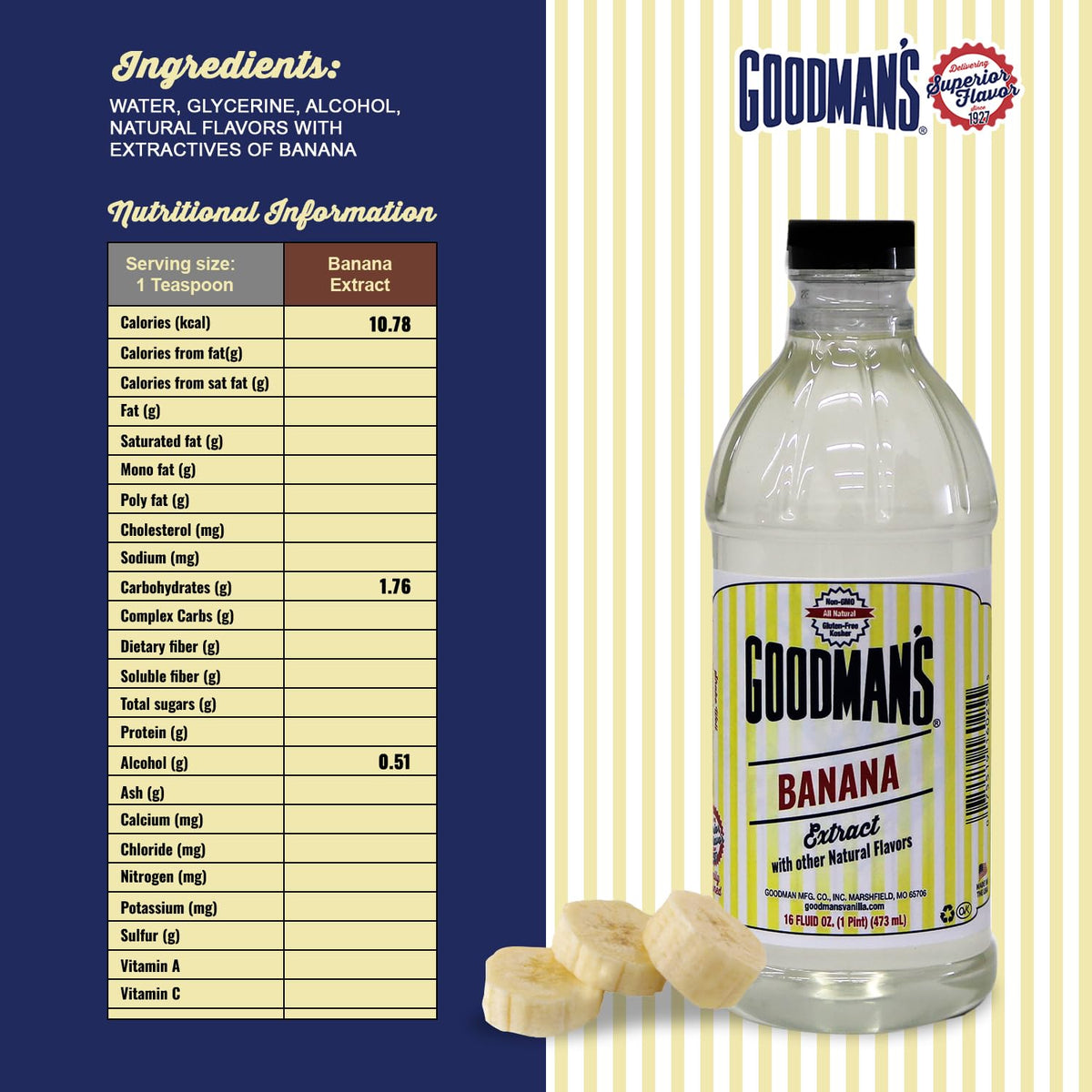Pouring Goodman's Banana Extract into mixing bowl enhances smoothies and desserts.