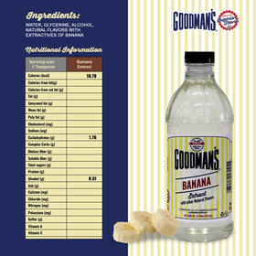 Pouring Goodman's Banana Extract into mixing bowl enhances smoothies and desserts.