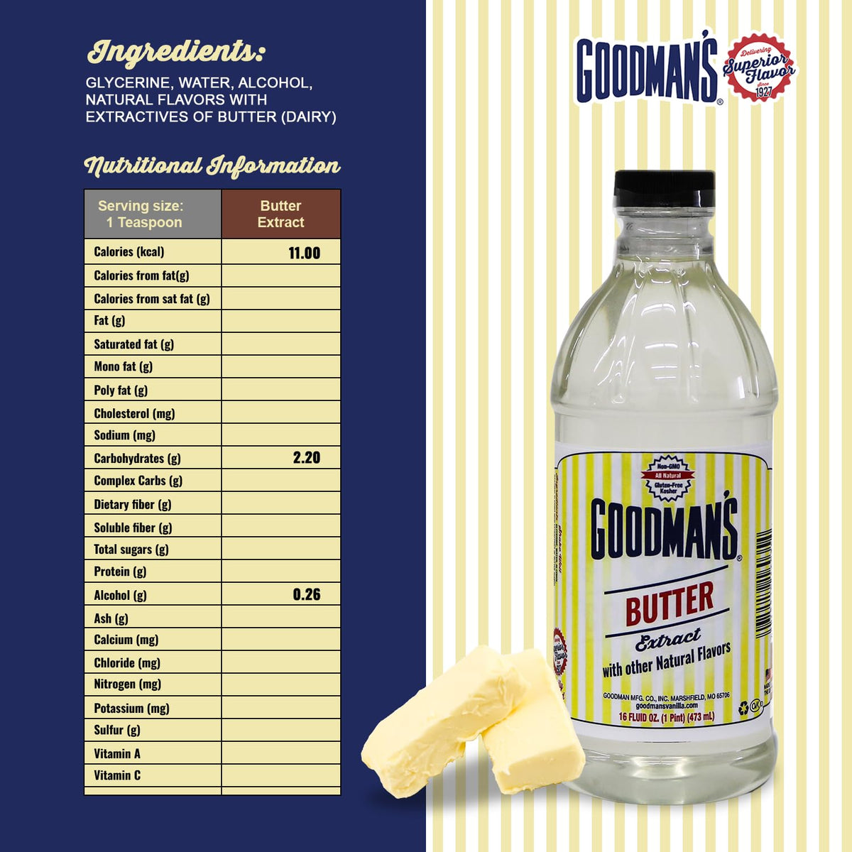 Goodman's Butter Extract bottle dispense highlights rich aroma for baking.