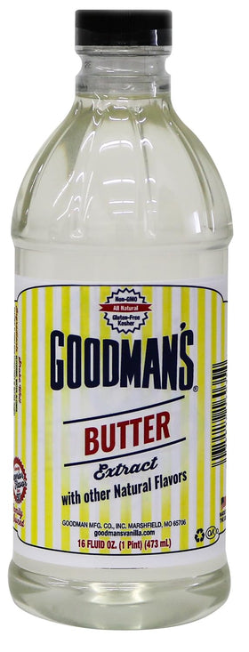 Goodman's Butter Extract packaging shown, gluten-free and non-GMO flavor enhancer.