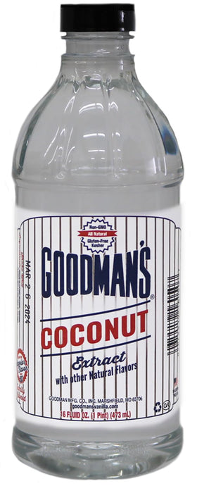 Goodman's Coconut Extract bottle close-up showing tropical aroma for baking.