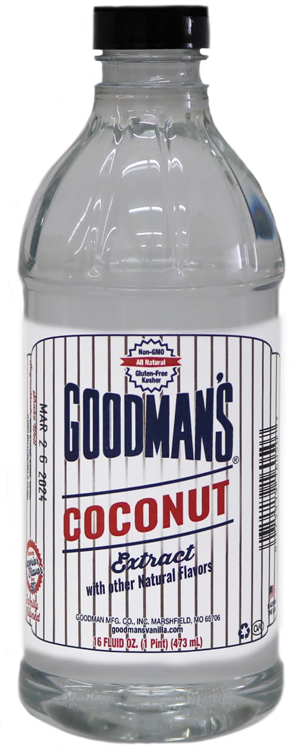 Goodman's Coconut Extract bottle close-up showing tropical aroma for baking.