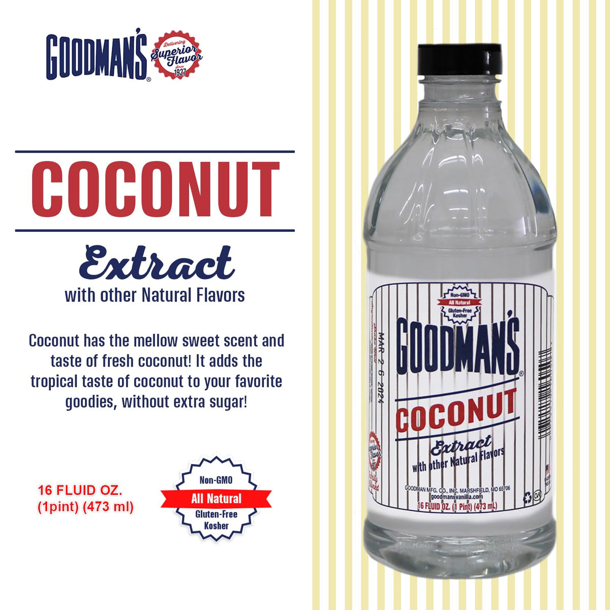 Label view of Goodman's Coconut Extract highlights gluten-free and kosher certifications.